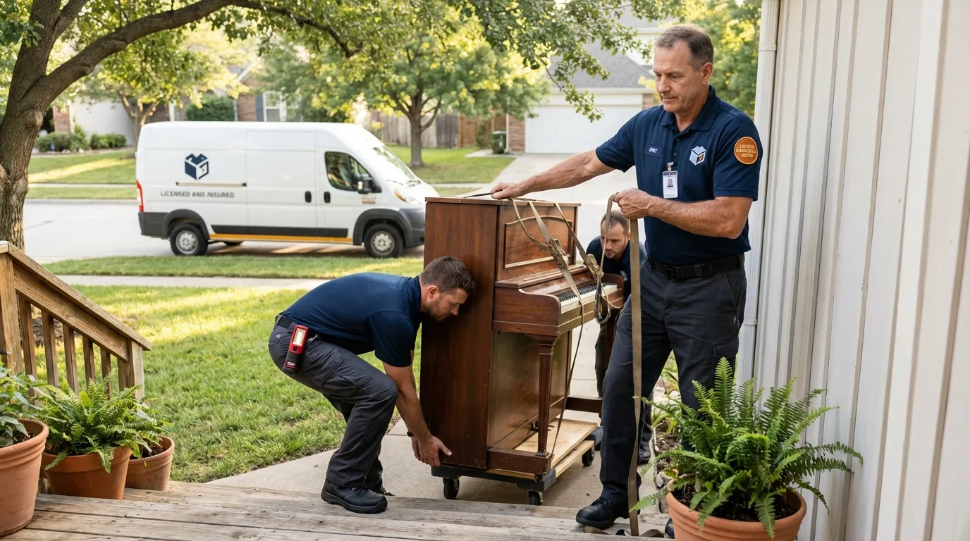 Licensed piano movers securing grand piano in Keansburg, NJ