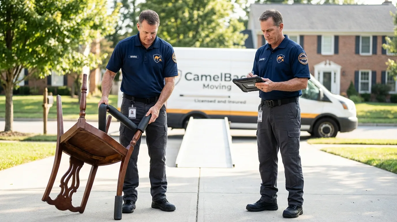 Movers inspecting furniture for damage prevention before loading in Keansburg, NJ