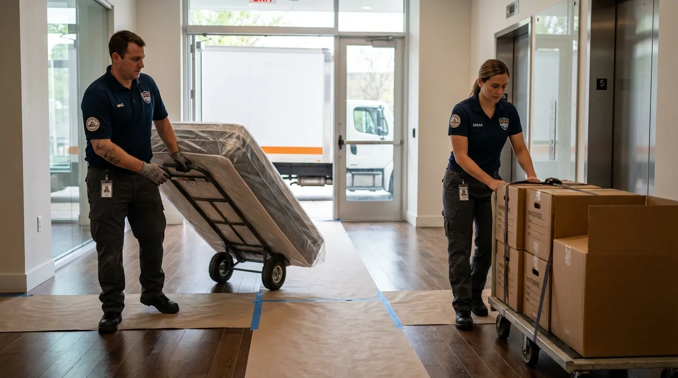 Professional apartment movers loading elevator in Keansburg, NJ
