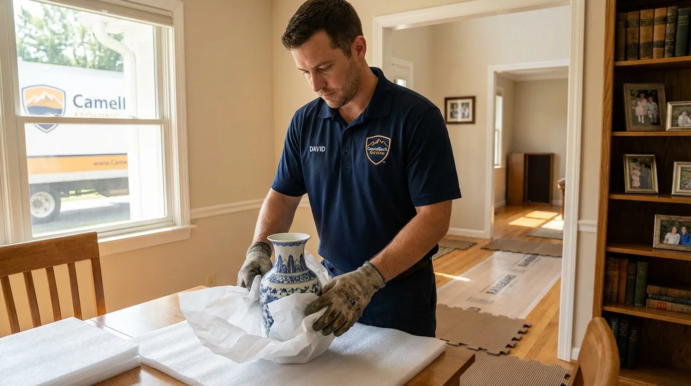 Professional crew carefully wrapping antique vase for senior downsizing move in Keansburg, NJ